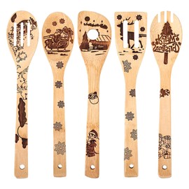 Sxutop Pack of 5 Christmas Bamboo Spatula Set, Bamboo Kitchen Utensils, Christmas Bamboo Spoon, Cooking Utensils, Bamboo Kitchen Utensils, Carving for Cooking, Christmas & Housewarming Gifts