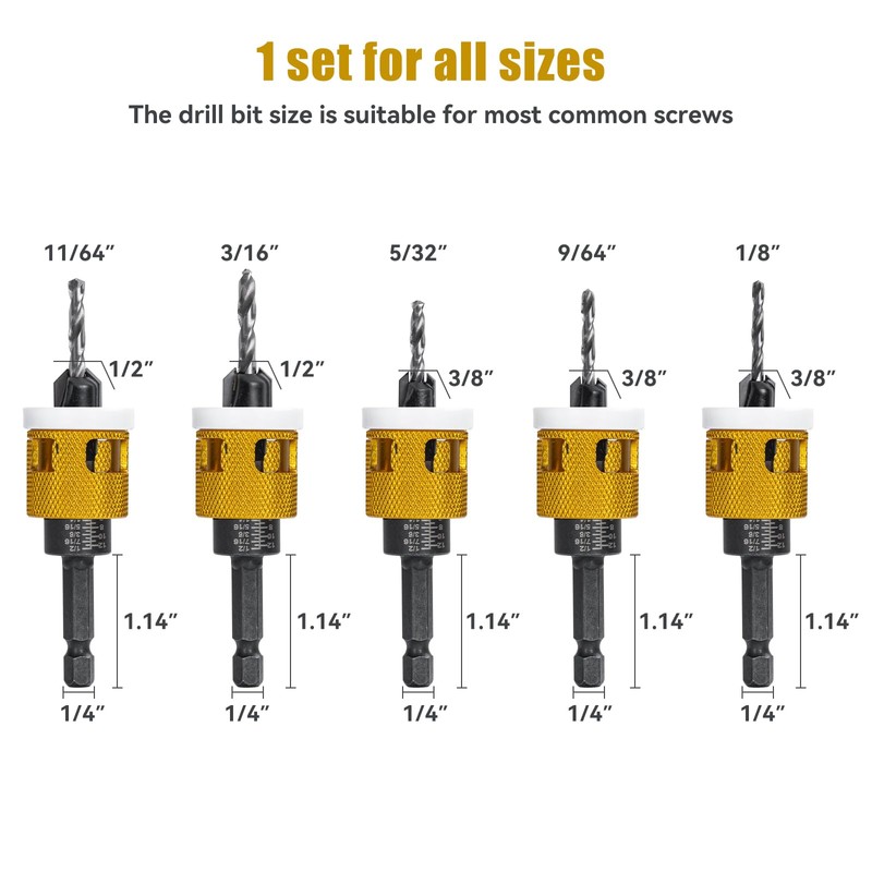 5 Pcs Countersink Drill Bit Set with Low Friction Depth