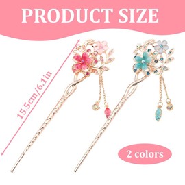 HAMKU Pack of 2 Vintage Hair Sticks, Opal Flower Hair Sticks, Hair Decor, Chinese Hairpins, Old Hair Clip, Red Hair Stick (Red + Blue), a