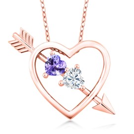 Gem Stone King 18K Rose Gold Plated Silver Pendant with Chain Set with Heart Shape Blue Tanzanite and Moissanite (1.00 Cttw)