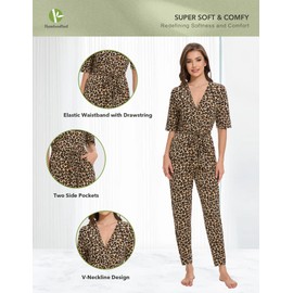 BambooBud Women's Summer Jumpsuits Short Sleeve Casual 2025 One Piece Outfits Pants V Neck Belted Rompers S-XXL, Yellow/Black Leopard, X-Large