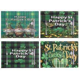 ENLACHIC Bufflao Plaid St. Patrick's Day Placemats Set of 4, 18x12 Inch Green Clover Goblin Saint Patricks Day Holiday Placemats for Table Dinner Kitchen