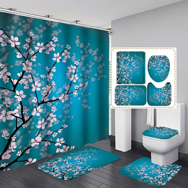 YUAOEUR Asian Japanese Floral Traditional Chinese Painting Pink Cherry Blossom on Twig Shower Curtain Set 4 Pieces Bathroom Sets with Rugs Fabric Bath Decor