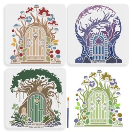 MAYJOYDIY 3pcs Tree Door Stencils 11.8×11.8inch Large Tree House Stencil with Paint Brush Reusable Mushroom Branch Tree of Life Drawing Stencils for Wood Canvas Fabric Wall Furniture Decor