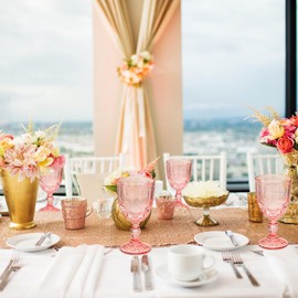 12 Pcs Vintage Wine Glasses, 10 Ounces Colored Glass Water Goblets, Unique Embossed Pattern High Clear Stemmed Glassware Wedding Party Bar Glass Drinking Cups, Floral Pink Glasses Set of 12