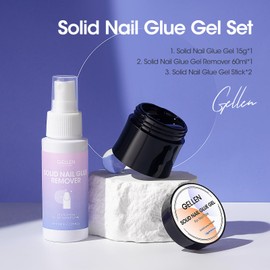 Gellen Solid Gel Nail Glue with 60ml Nail Glue Remover Set, 15g Solid Nail Gel for False Nail Tips & Press On Nails