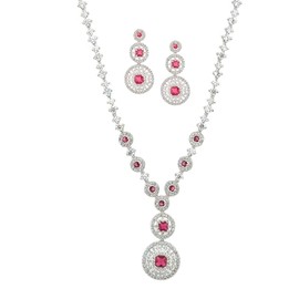 Treasure Bay Elegant CZ Crystal Jewellery Set for Women, Rhodium Plated Necklace and Earrings, Circle Drop Design – Bridal, Evening, Prom, Gift (Red)
