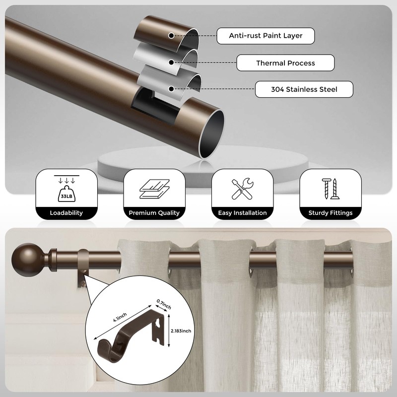 Wolistsa Bronze Curtain Rod, 1 Inch Adjustable Heavy Duty Curtain