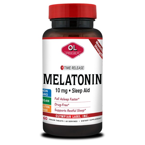 Olympian Labs Melatonin 10mg Time Release with Vitamin B6 - Maximum Strength Tablets - Drug-Free, Supports Restful Sleep, Nighttime Sleep Aid - 60 Vegan Tablets (60 Servings)
