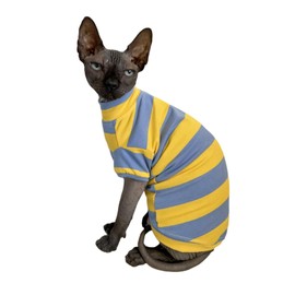 Sphynx Cat Clothes Shirts for Hairless Cat, Wide Stripe Cats Apparel, Kitten Summer Cotton T-Shirts with Sleeves for Cornish Rex, Devon Rex, Peterbald (Blue & Yellow, Small)