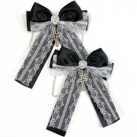 Ribbon Clip with Heart Bijou & Cross Charm, Set of 2, Black x White, Ribbon Clip, Lolita, Yume Cute, Gothic Loli, Hair Clip, Hair Pin, Hair Accessory