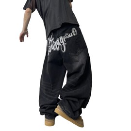 QGRSWBC Men's Super Baggy Jeans Wide Leg Denim Pants with Embroidered Pattern Y2k Streetwear Black XS