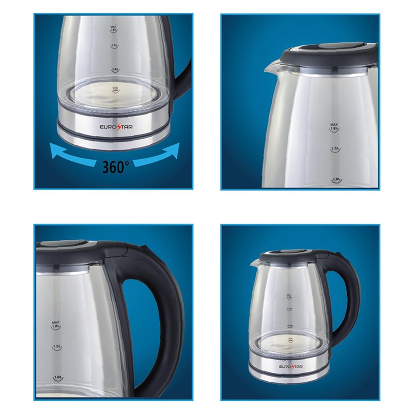 EUROSTAR EKG1808BK 1.8L Glass Electric Kettle,Black