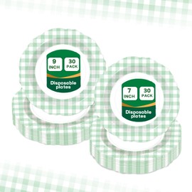 EiPibaibyi 60Pcs Sage Green Plaid Disposable Paper Plates, 30 Pack 9" & 30 Pack 7" Gingham Party Plates for Wedding, Baby Shower, Birthday, Decorative Dinner Dessert Plates