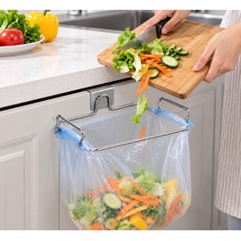 Stainless Steel Cabinet Door Trash Bag Holder for Kitchen – No-Drill Hanging Rack for Easy Countertop Cleanup
