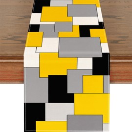 Farmhouse Modern Abstract Table Runner Linen Burlap Table Runners 72 Inches Long,Geometric Black and Yellow Table Runner for Dresser, Party, Living Room, Dining Table Decor 13"x72"