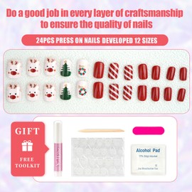 MUZOXEN Christmas Press on Nails Short Square Snowflake Fake Nails Red White Green Christmas Tree Snowman Moose Rhinestones Winter Xmas Design False Nails with Glue Full Cover Acrylic Nails -24pcs