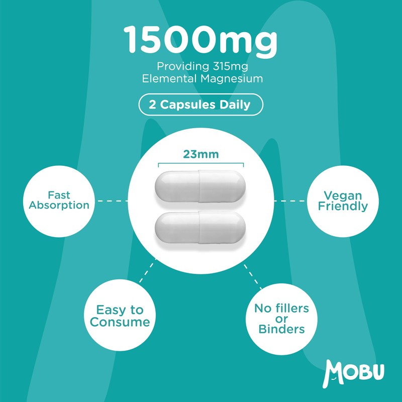 MOBU Magnesium Glycinate 1500mg with Vitamin B6 – 120 Vegan