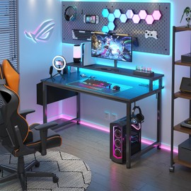 Lufeiya Gaming Desk with LED Lights and Power Outlets, 40 Inch Teen Writing Study Table Home Office Desks with Monitor Stand, Computer Desk with Charging Station, Black