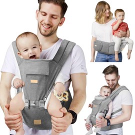 SNOOZYNEST Baby Carrier Newborn to Toddler with Hip Seat, Soft 6-in-1 Ergonomic All Positions Infant Carrier 7-33 Ib with Hood and Multiple Pockets for All Seasion Use for Dad and Mom Light Grey