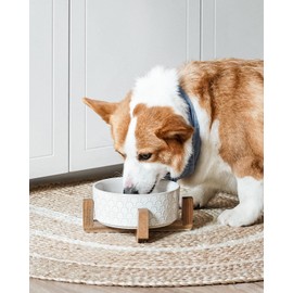 LE TAUCI Dog Bowls Ceramic, Dog Bowl Set with Acacia Wood Stand, 1.5 Cups Dog Food and Water Bowl for Small Sized, Weighted Dog Dishes, Pet Bowls