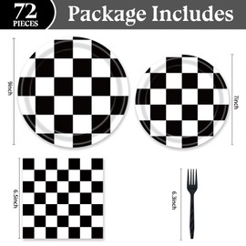 HiEnjoin 72PCS Black and White Checkered Birthday Plates Set, Disposable Racing Car Plates Napkins with Forks Party Supplies Decorations for Kids Boys Birthday