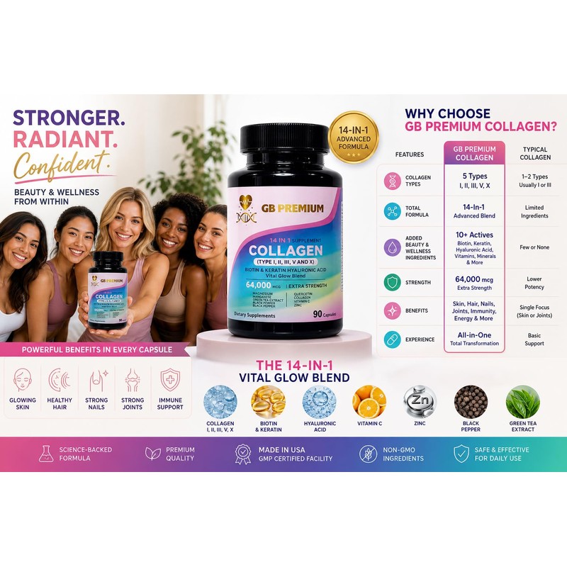 GB Premium Collagen 14 in 1 Complex Capsules, Type I