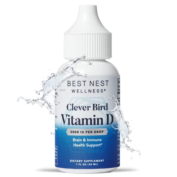 Clever Bird Liquid Vitamin D Drops, Natural Vitamin D-3 Supplement, 2000 IU per Serving (One Drop) for Adults & Kids, Travel Dropper, Non-GMO, Includes Bonus Smart Brain Guide, 1 Oz