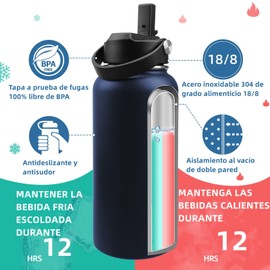 Termo de Acero Inoxidable 32 oz, Termo de Agua con 2 Tapas, Botella de Agua Deportiva de 1 Litro, Doble Pared y Tapa Hermética Antigoteo para Gimnasio, Viaje, Oficina, Escuela, Camping (Azul)