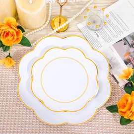 WONDERFUL 60pcs White Plastic Plates Disposable Heavy Duty White and Gold Plastic Plates for Party High-End Party Plate Includes 30 10.25in Dinner Plate & 30 7.5in Dessert Plate Suitable for Wedding