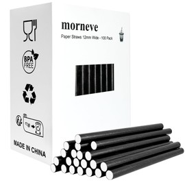 Disposable Paper Drinking Straws 12mm Extra Wide Straw for Bubble Tea Boba Smoothies Pearls Jumbo Milkshakes Slushies Thick Shakes Wedding Birthday Shower Party Supplies, Black 100 PCS