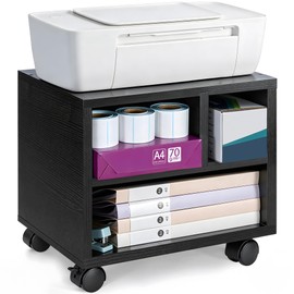 IBVIVIC Printer Stand with 3 Compartment, Under Desk Black Printer Table with Locking Wheels, 11.42 Inch Height Printer Cart for Under Desk, Home, Office