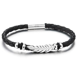 COOLSTEELANDBEYOND Braided Leather Bracelet for Men Women with Silver Color Feather Charm, Boho Tribal Style Jewelry