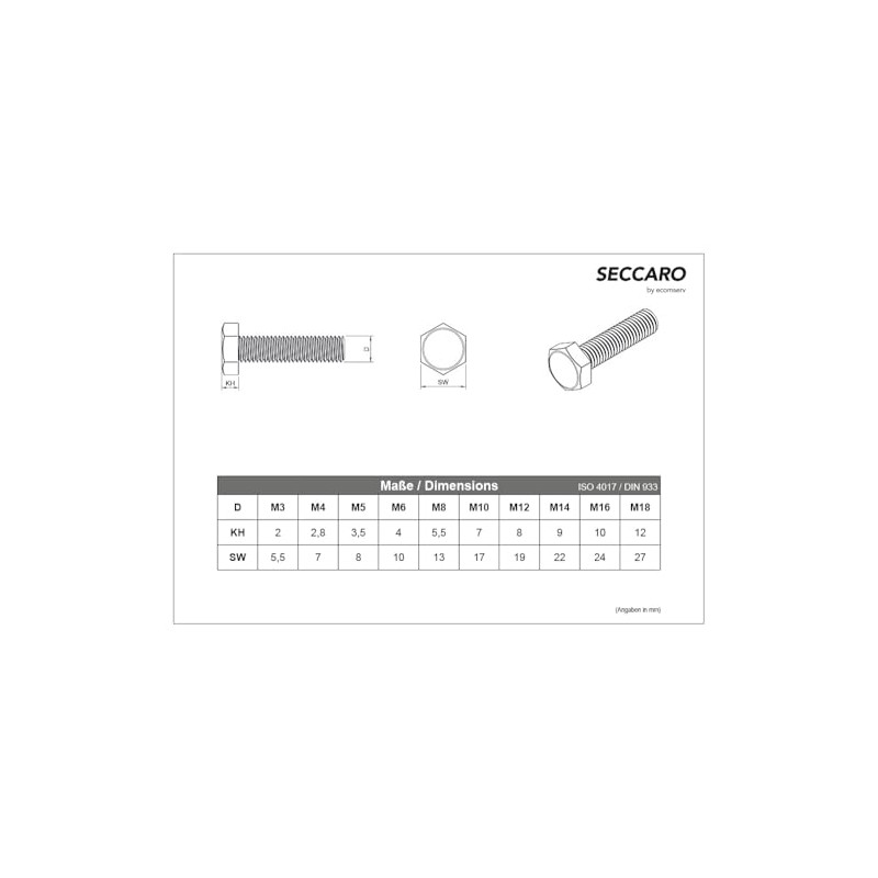 SECCARO 20 x M4 x 60mm V2A VA A2 Stainless