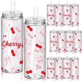 Funnymoom 12 Pcs Cherry Pink Bow Plastic Cups with Lids and Straws Reusable Drinking Plastic Bottle for Cherry Birthday Party Decorations She's Ready to Pop Baby Shower Supplies