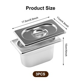 Occzin Breading Bowls Set of 3 Stainless Steel with Lid, GN 1/9 Container, 17.5 x 11 x 10 cm, Rectangular, Metal Gastro Container for Cutlets, Meat, Fish, Breading Road, Catering and Buffet