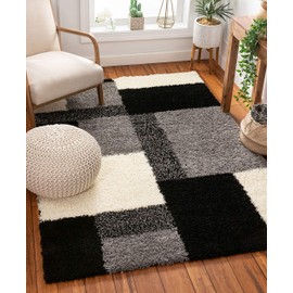 ruglots Modern Shag Geometric 5x7 ( 5' x 7'2'' ) Area Rug Cubes Black & Cream Plush Shag Blocks & Squares Plush Shag Easy Care Thick Soft Plush Living Room