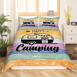 Camper Bedding Set for Boys Happy Camping Duvet Cover 2-Piece Rustic Farmhouse Duvet Cover for Teenagers Sketch Drawing Camper Bed Sets Soft Microfibre with 1 Pillowcase 135 x 200 cm