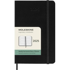 Moleskine Weekly Planner, Horizontal 12-Month 2025 Agenda, Hard Cover and Elastic Closure, Black Color, Pocket Format 9x14 cm