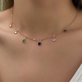 TseenYi Boho Colourful Crystal Choker Necklace Rhinestone Rainbow Necklace Multicoloured Crystal Necklace Rainbow CZ Gemstone Necklace Gold Coloured Stone Necklace Jewellery for Women and Girls, Zinc