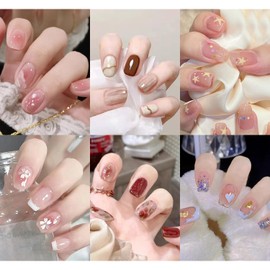 6 Pack (144pcs) Nail Tips Popular Medium Design, NIUANIUA Short False Nails Cute Short Square Gluon Nail Set with Nail File for Women Fashion Nails (Summer Lovers Nail Art)