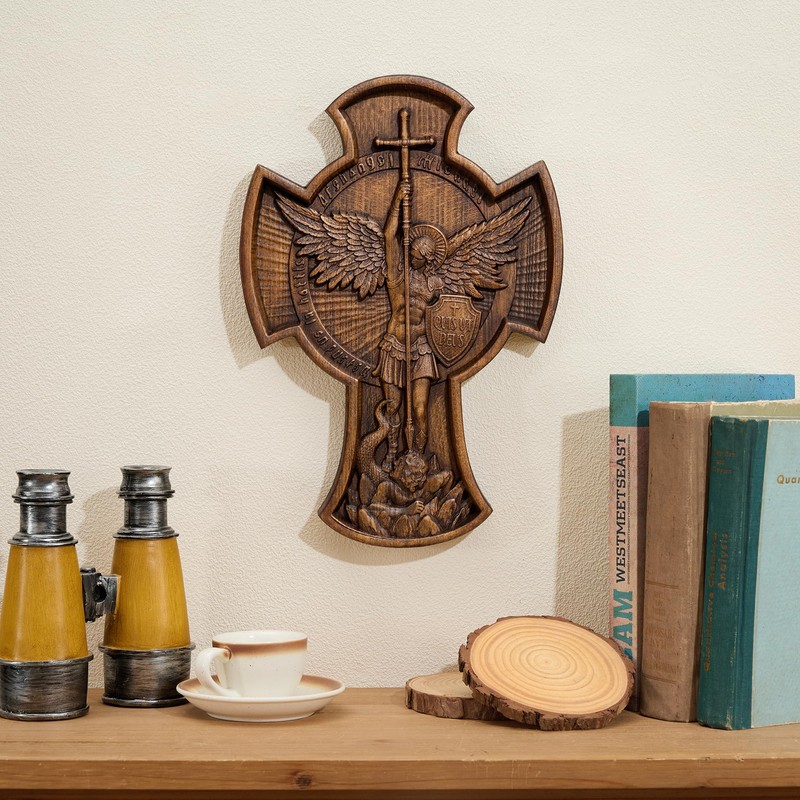 BGCOPPER Archangel Saint Michael Cross Wooden Cross Wall Decor -