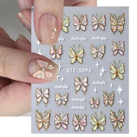 2 Pcs Butterfly Nail Stickers 3D Butterfly Nail Decal Gold Nail Stickers Butterflies Nail Art Adhesive Sticker Sheets for Nail Art Decoration (Shell Butterfly # A)
