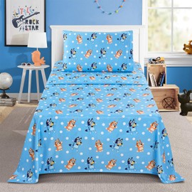 Bluey Bedding Set - Bundle with Bedspread, Flat Sheet, Fitted Sheet, Pillowcase for Twin Bed Plus Stickers, More | Bluey Bedroom Decor for Boys, Girls