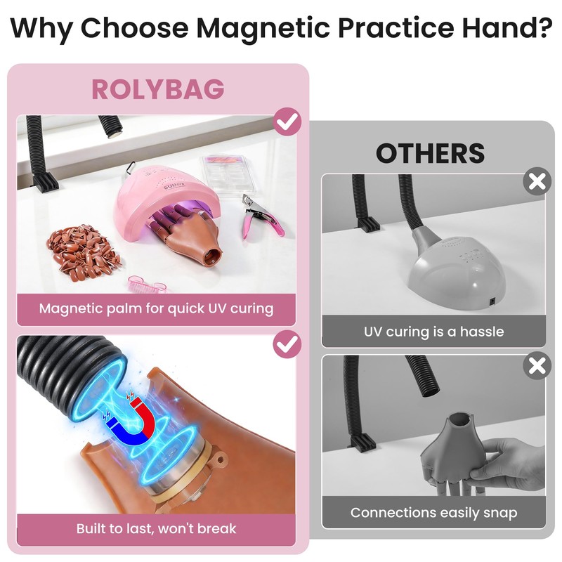 Rolybag Practice Hand for Acrylic Nails, Magnetic Nail Practice Hands,