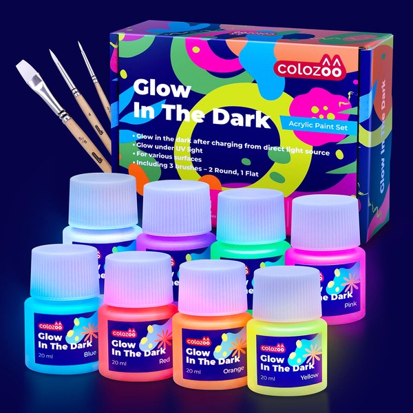 colozoo Glow-in-the-Dark Acrylic Paint Set | 8 x 20 ml Luminous Colours + 3 Brushes | The Glow In The Dark Acrylic Colours Are Durable On Any Surface | Fluorescent Self-Luminous Colours
