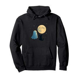 Ghost and Cat under Full Moon Night Pullover Hoodie