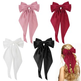 Fengyang 4 x Bow Hair Clips, Hair Clips with Bow, Hair Clips with Large Bow, Hair Bows Clips with Long Band, French Hair Clips, Satin Hair Accessories, Girls Hair