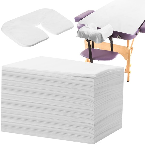 100 Pieces Disposable Massage Table Sheets Sets Include 50 Waterproof Massage Bed Sheet 71 x 31 Inch and 50 Face Cradle Covers 14 x 11 Inch Disposable Non Woven Fabric for Massage Beauty Salon Hotels