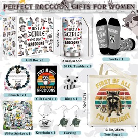 JTAMOHI 10 Pcs Raccoon Gifts, Raccoon Lovers Gifts for Women, Cute Raccoon Stuff with 20 Oz Tumbler Tote Bag Socks Bracelet Ring Earrings Keychain Stickers Card for Birthday Christmas Raccoon Lover